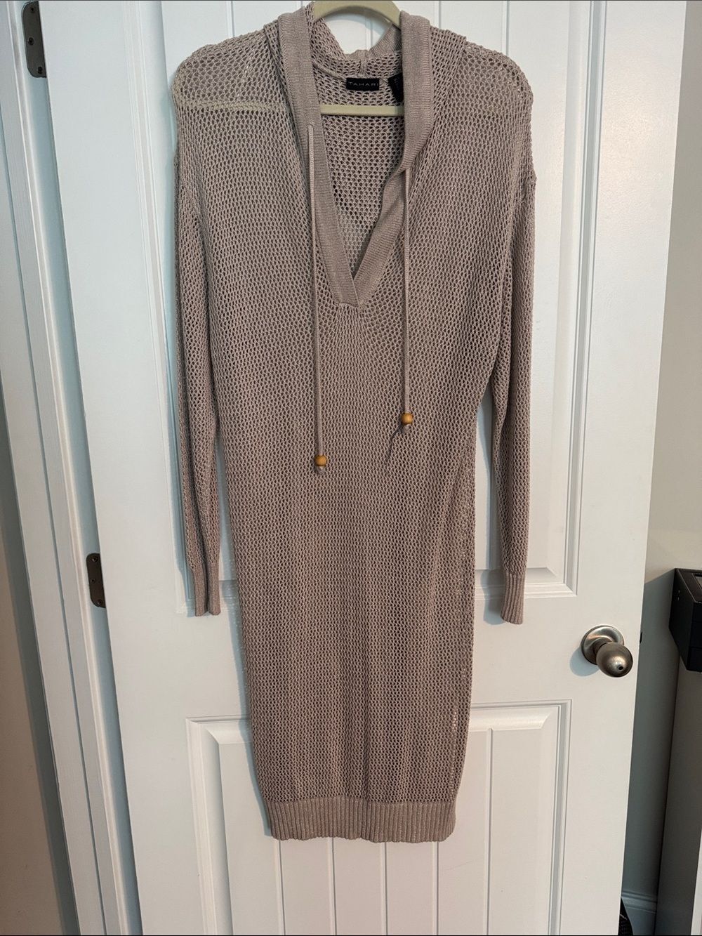 Tahari Taupe Open-Knit Hooded Long Sleeve Cover-Up